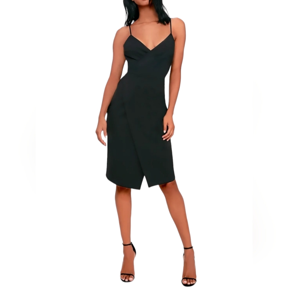 Lulus Have You Heard Black Surplice Midi Dress New Sleeveless szM